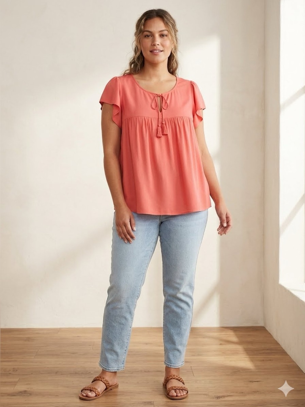 EUC size XL Women's Coral Tassel-Tie Swing Flutter Sleeve Top